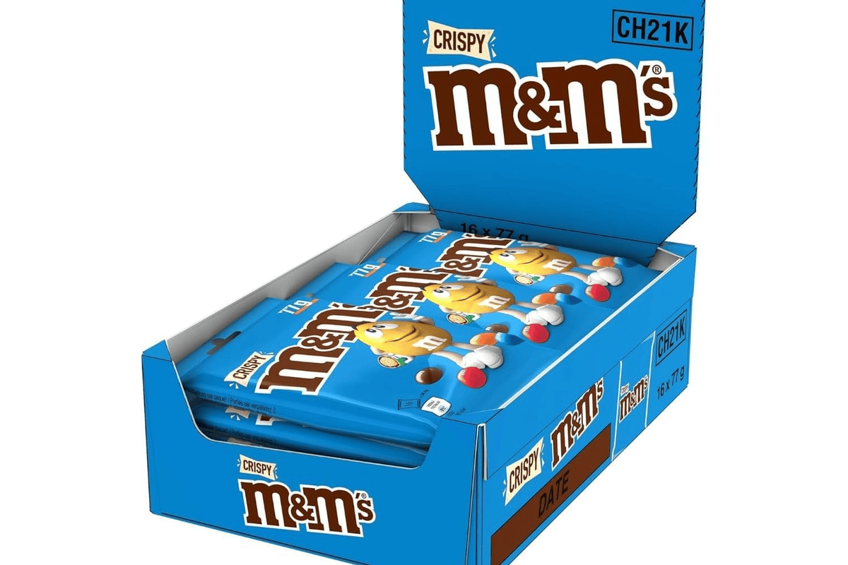 M&M's CRISPY — Bonbons chocolat au lait et riz soufflé (16 sachets de 77 g) Amazon 21,36 euros juillet 2026 bon plan
