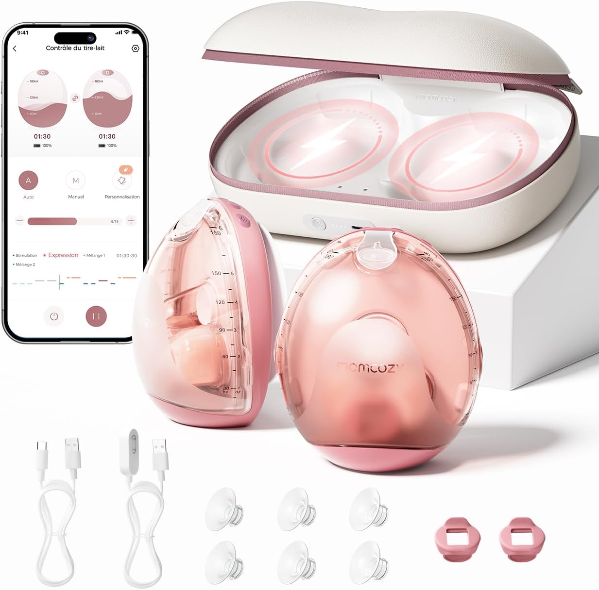Deux tire-laits mains libres roses Momcozy Air 1 avec étui de charge, embouts, câbles et application mobile