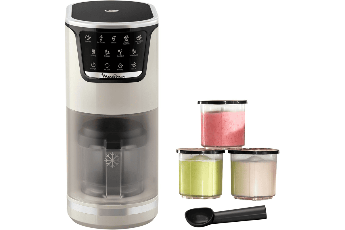 Moulinex Dolci MJ604AF0 machine à glaces 3 bols 1,4 L blanc et rose avec 10 programmes et nettoyage automatique