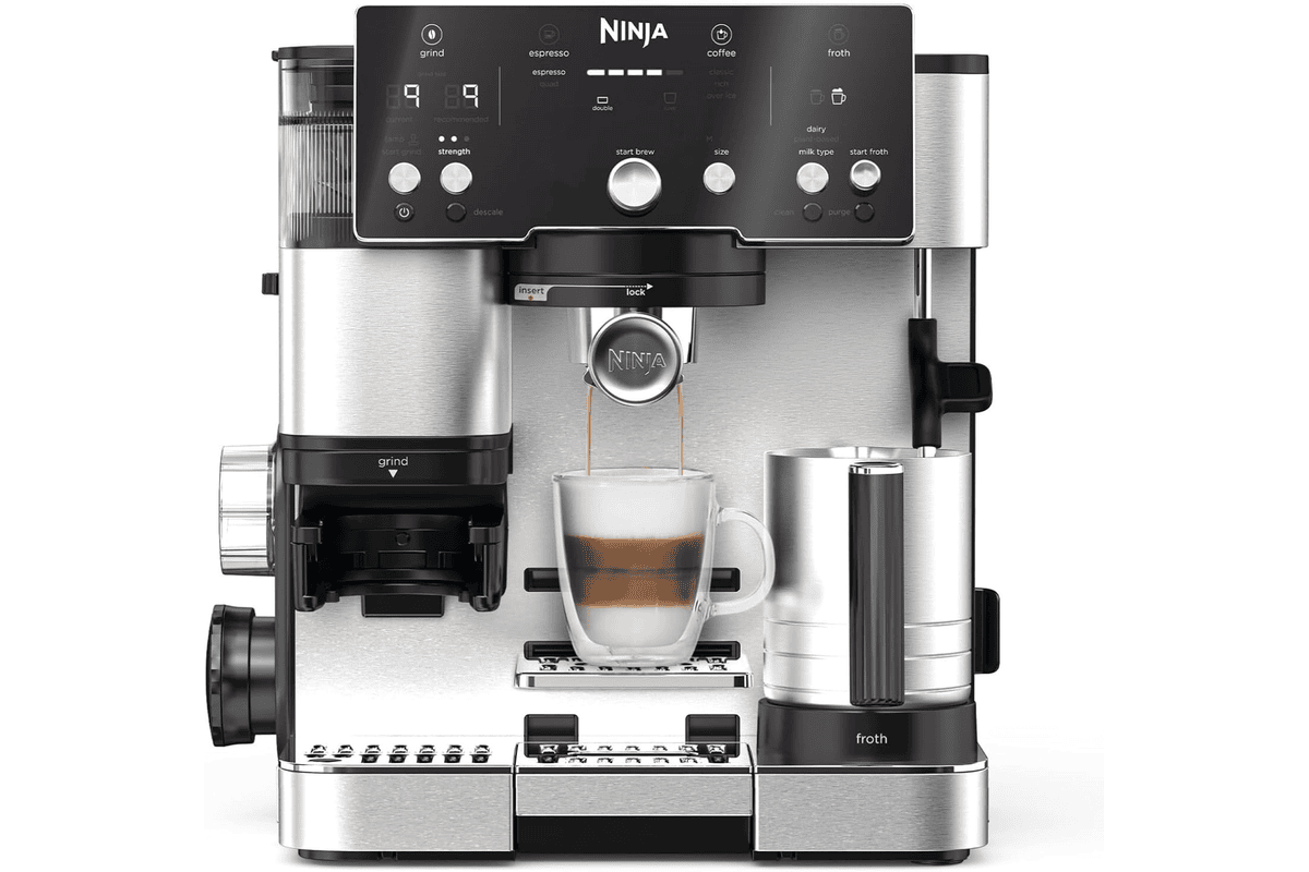 Ninja Machine à café Luxe Essential 2-en-1 argent avec broyeur à grains intégré et mousseur à lait pour latte cappuccino espresso