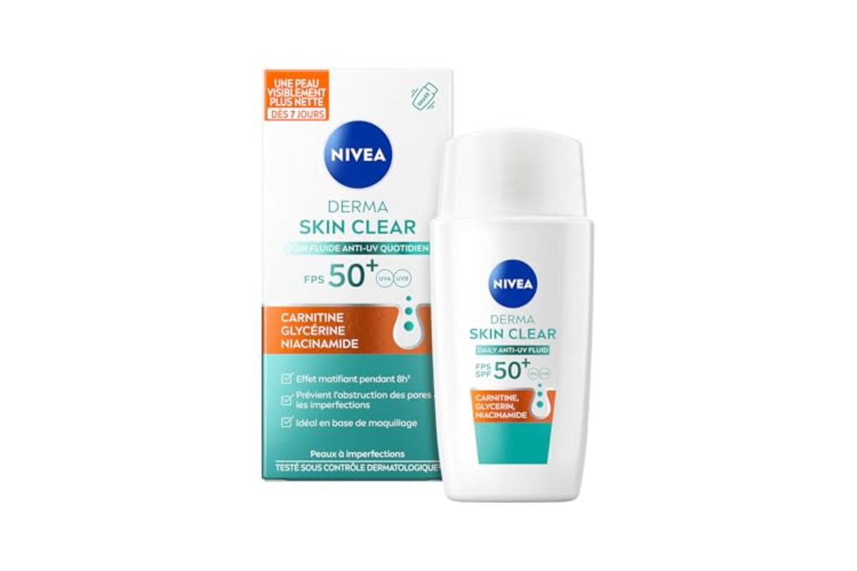 NIVEA Derma Skin Clear Soin Visage Fluide Anti-UV FPS50+ matifiant bon plan Amazon 10,12 € mai 2026