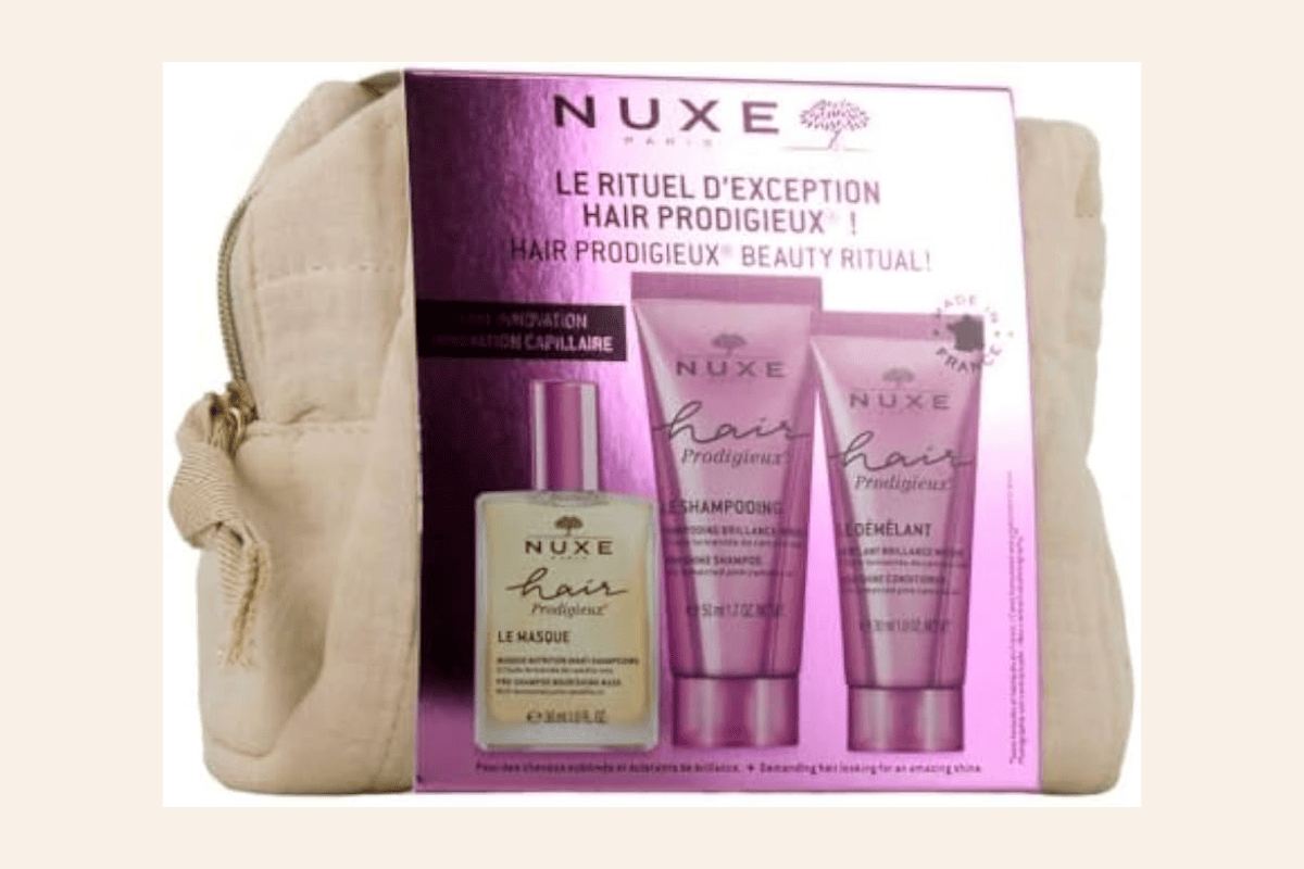 Nuxe Hair Prodigieux Coffret Rituel Cheveux 4 produits shampoing masque huile brosse Amazon 28,89 euros