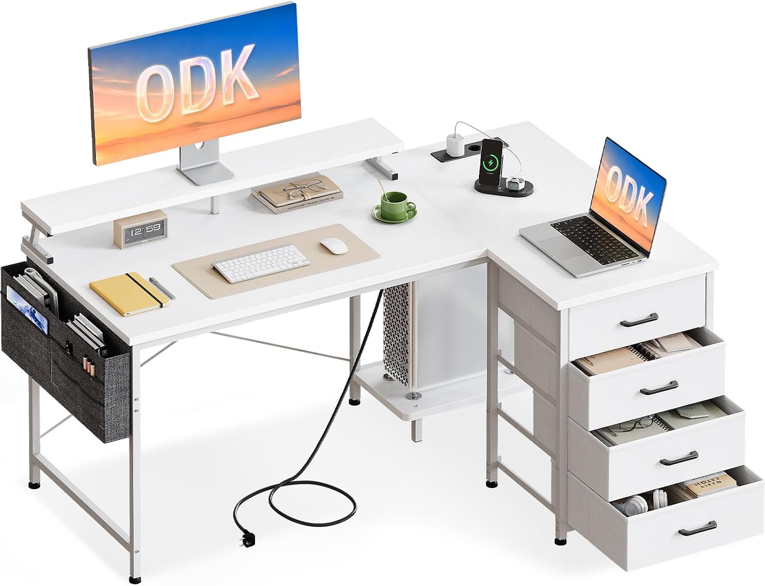 Bureau d'angle blanc ODK avec quatre tiroirs