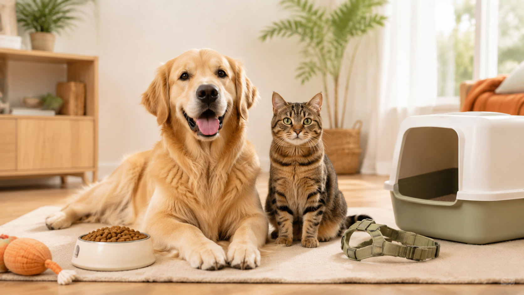 Chien et chat avec croquettes, harnais et bac à litière pour les offres Amazon animaux