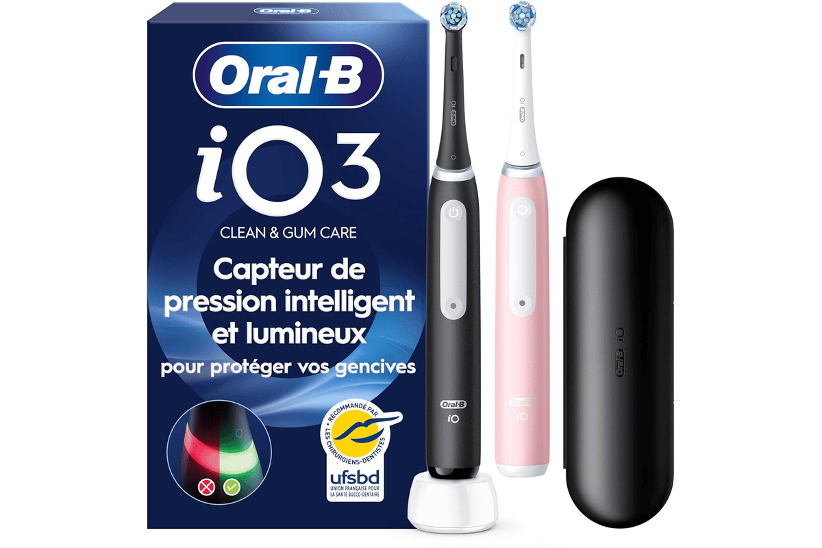 Oral-B iO 3 Duo 2 brosses à dents électriques noire et rose avec 2 brossettes de rechange 3 modes de brossage et capteur de pression
