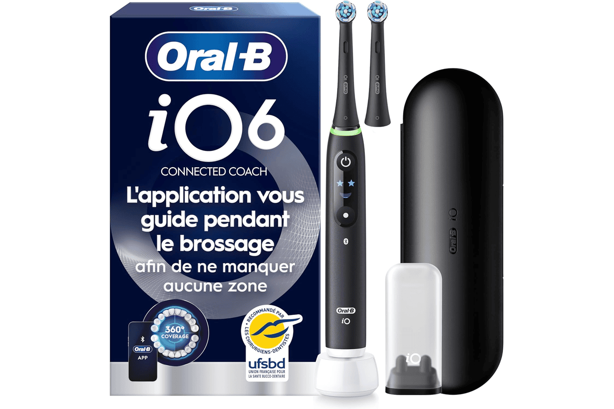 Oral-B iO 6 brosse à dents électrique noire connectée Bluetooth avec 5 modes capteur de pression écran interactif et étui de voyage