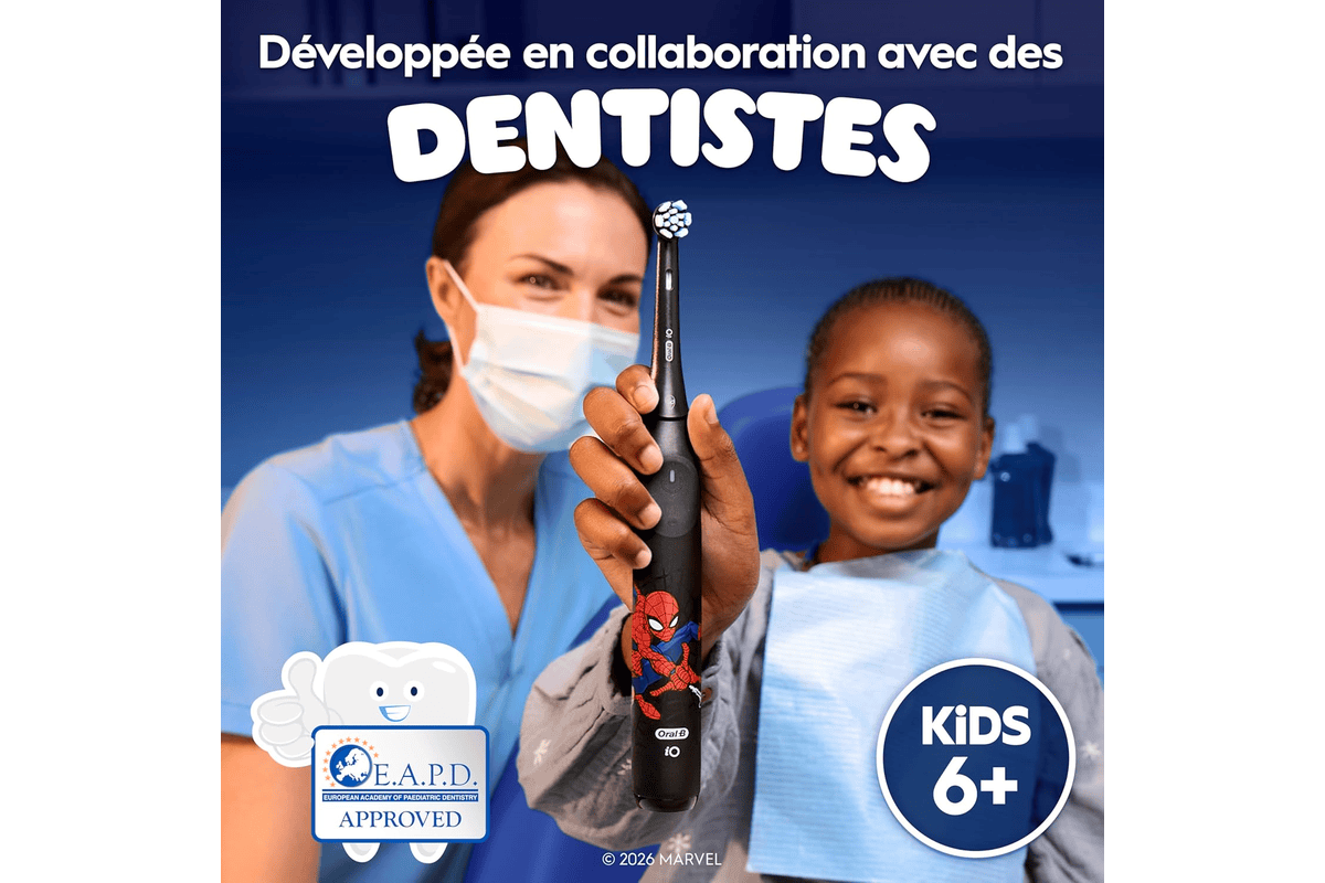 Oral-B iO Kids brosse à dents électrique noire motif Spider-Man avec étui de voyage, brossette ronde et minuteur musical