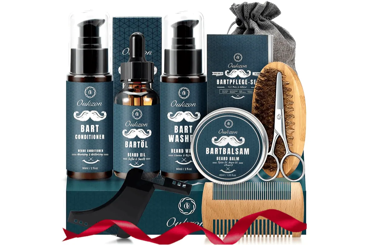Oukzon kit soins barbe homme 10-en-1 coffret bois noir huile barbe shampoing conditionneur baume peigne brosse ciseaux accessoires soin barbe complet
