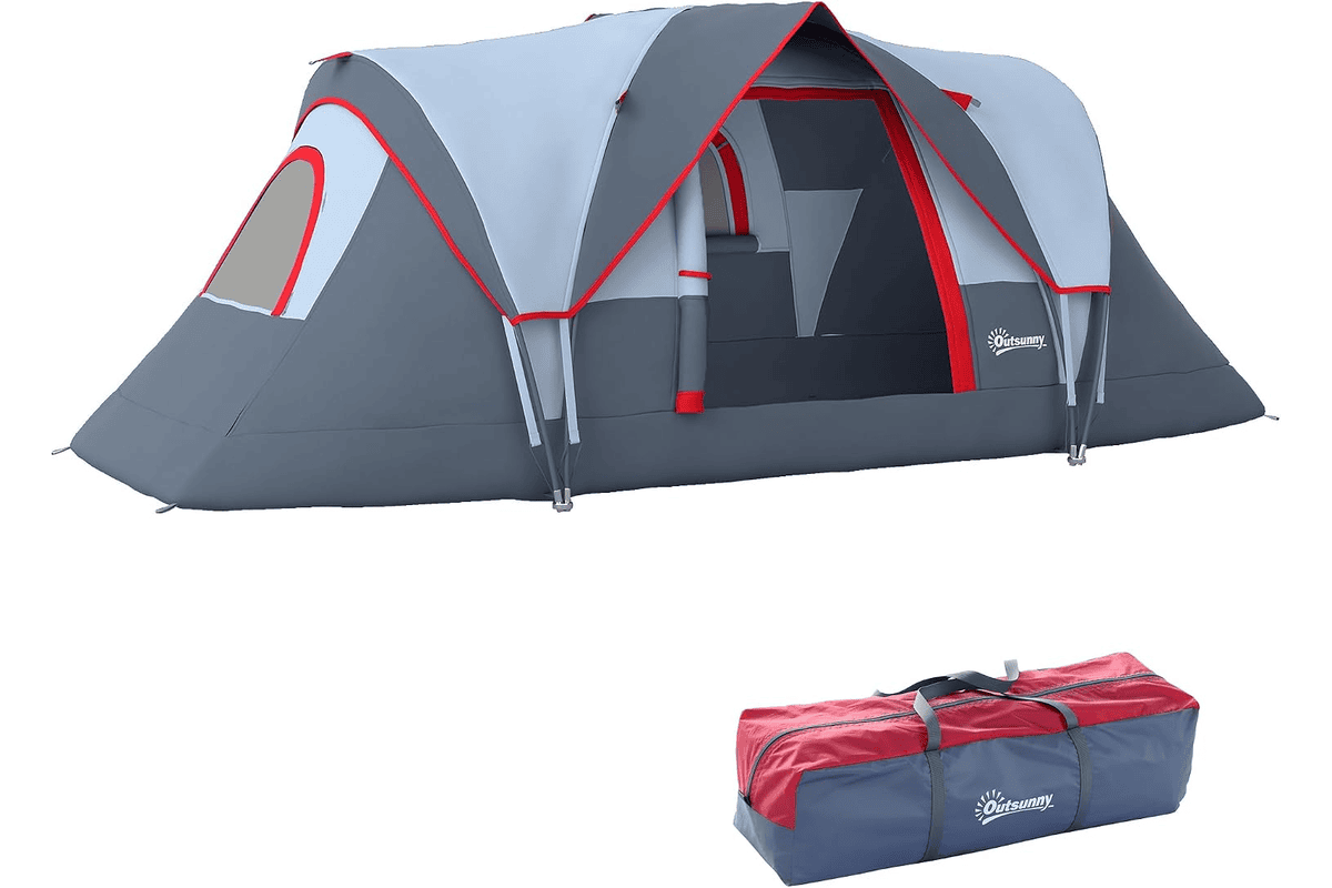 Tente de camping familiale Outsunny 5 personnes tente tunnel ventilée couleur grise grande porte à zip 2 fenêtres moustiquaires arceaux fibre de verre polyester Oxford dimensions 4,55 x 2,2 x 1,8 mètres pour vacances camping en famille été