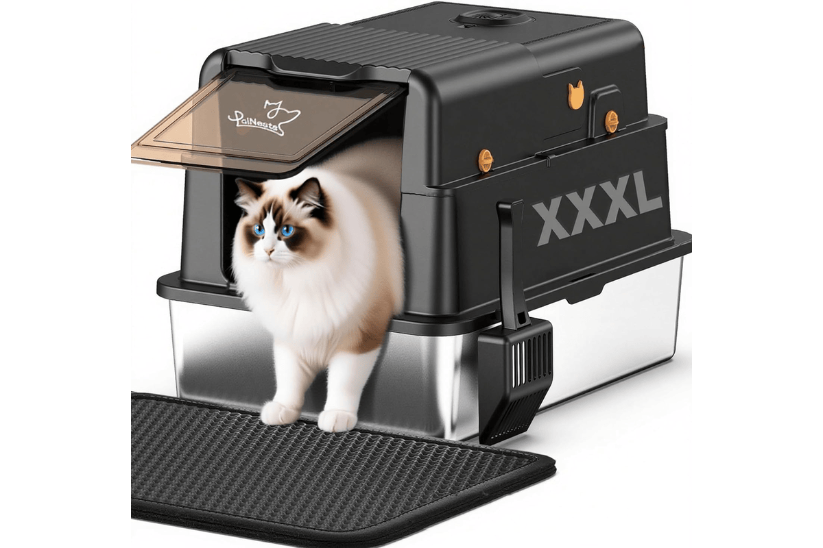 Bac à litière chat PalNests acier inoxydable XXXL 120 litres noir couvercle 105 degrés charbon actif 3 en 1 pelle incluse