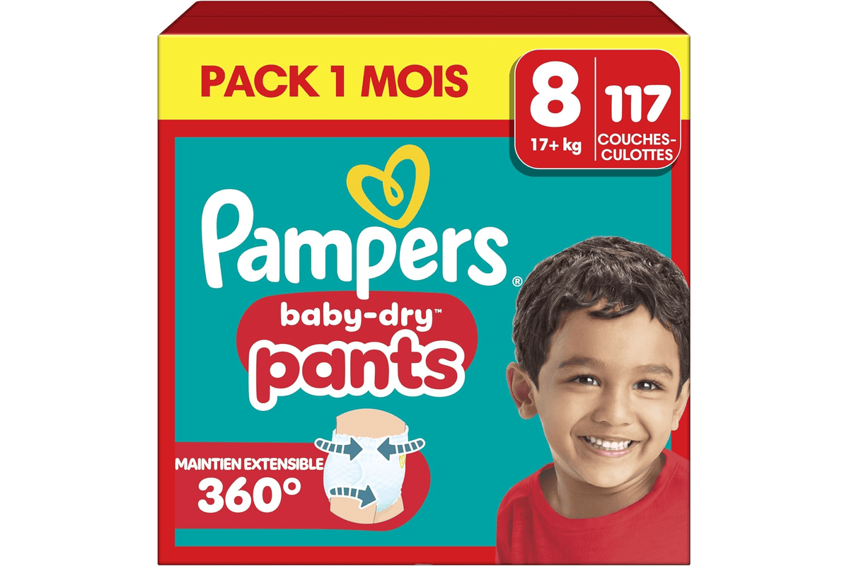Pampers Baby-Dry Pants taille 8 culottes paquet 117 unités pack 1 mois 19 kg plus grand enfant change debout Amazon