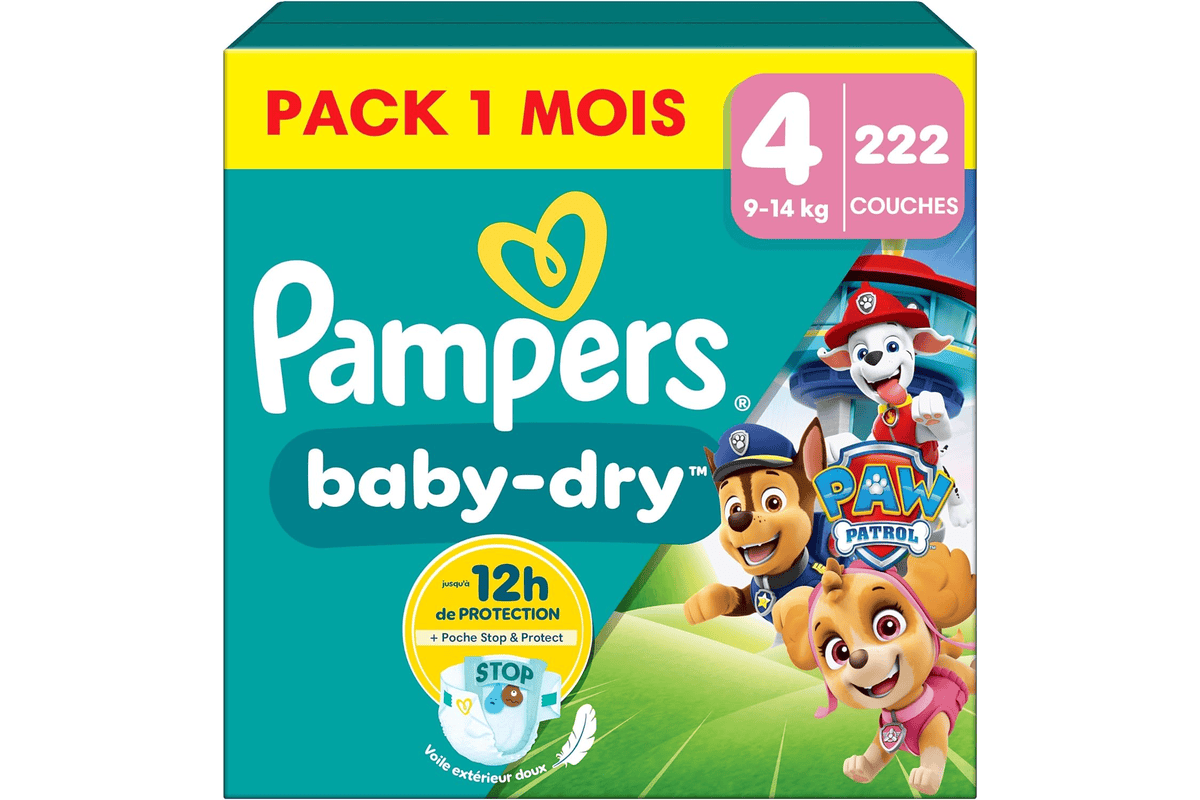 Pampers Baby-Dry taille 4 Pat'Patrouille paquet 222 couches pack 1 mois 9 14 kg bébé motifs personnages Chase Marshall Skye Amazon