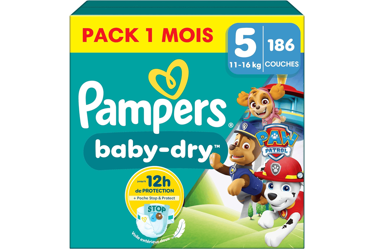 Pampers Baby-Dry taille 5 Pat'Patrouille paquet 186 couches pack 1 mois 11 16 kg bébé motifs personnages Chase Marshall Skye Amazon