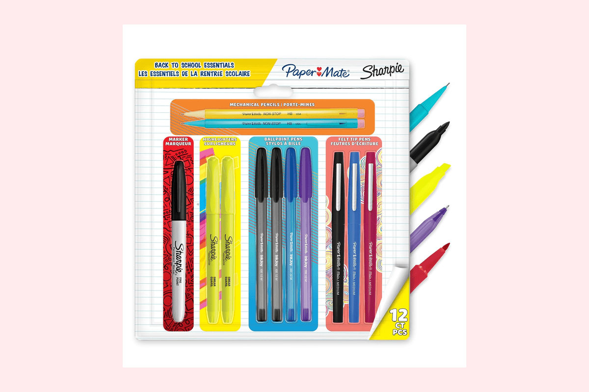 Paper Mate Sharpie kit papeterie rentrée lot 12 stylos bille marqueurs permanents surligneurs porte-mines feutres fournitures scolaires bureau 9,59 euros Amazon