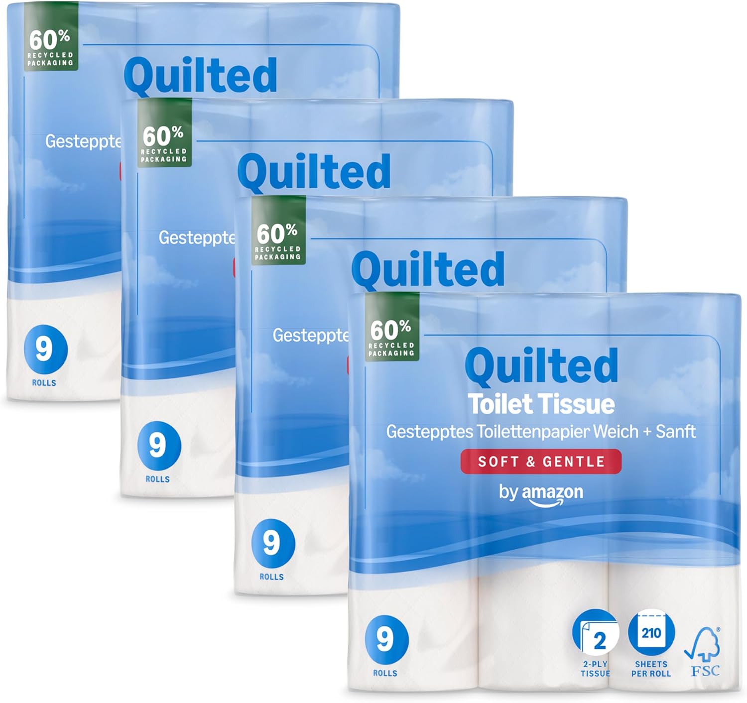 Quatre paquets de neuf rouleaux de papier toilette doux by Amazon
