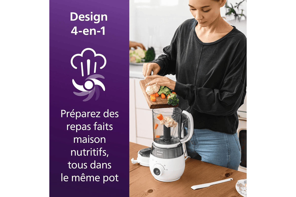 Philips 4 en 1 Robot Cuiseur-Mixeur Bébé cuit vapeur mixe décongèle réchauffe livre recettes pots conservation diversification alimentaire 99,99 € Amazon