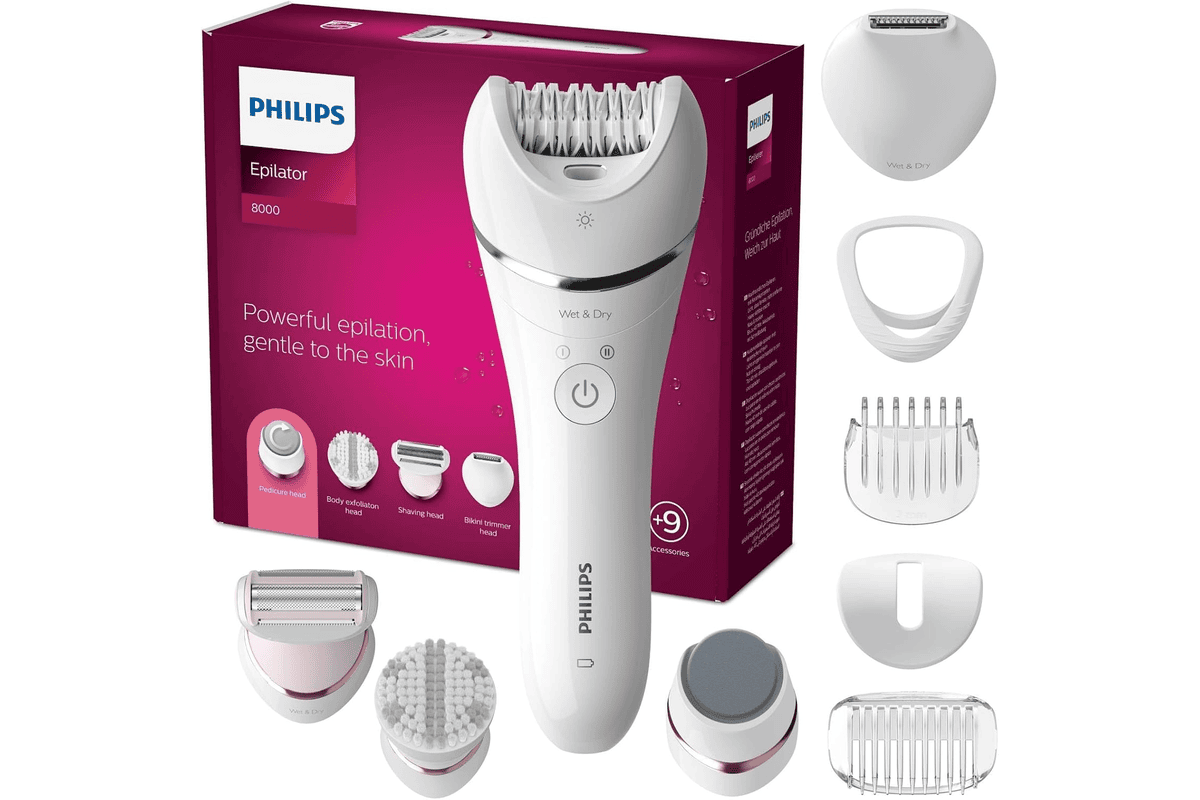Philips Series 8000 Épilateur Wet et Dry sans fil pour les jambes et le corps avec 9 accessoires rasoir tondeuse embout pédicure et embout exfoliant