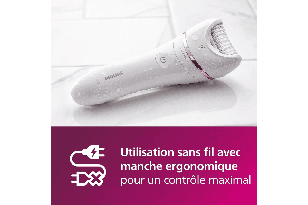 Philips Series 8000 épilateur Wet & Dry sans fil blanc rose avec accessoires inclus pour épilation jambes maillot aisselles