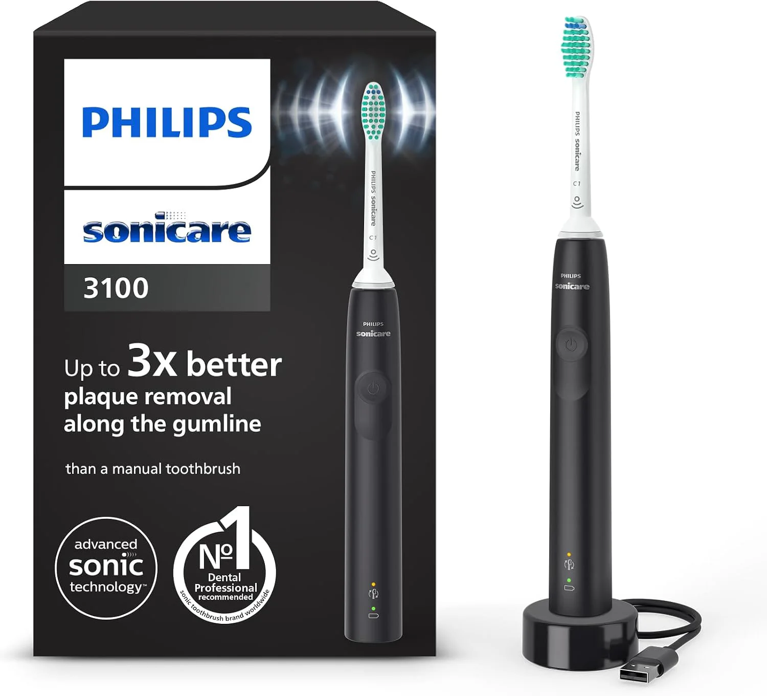 Brosse à dents électrique noire Philips Sonicare 3100 avec tête et chargeur