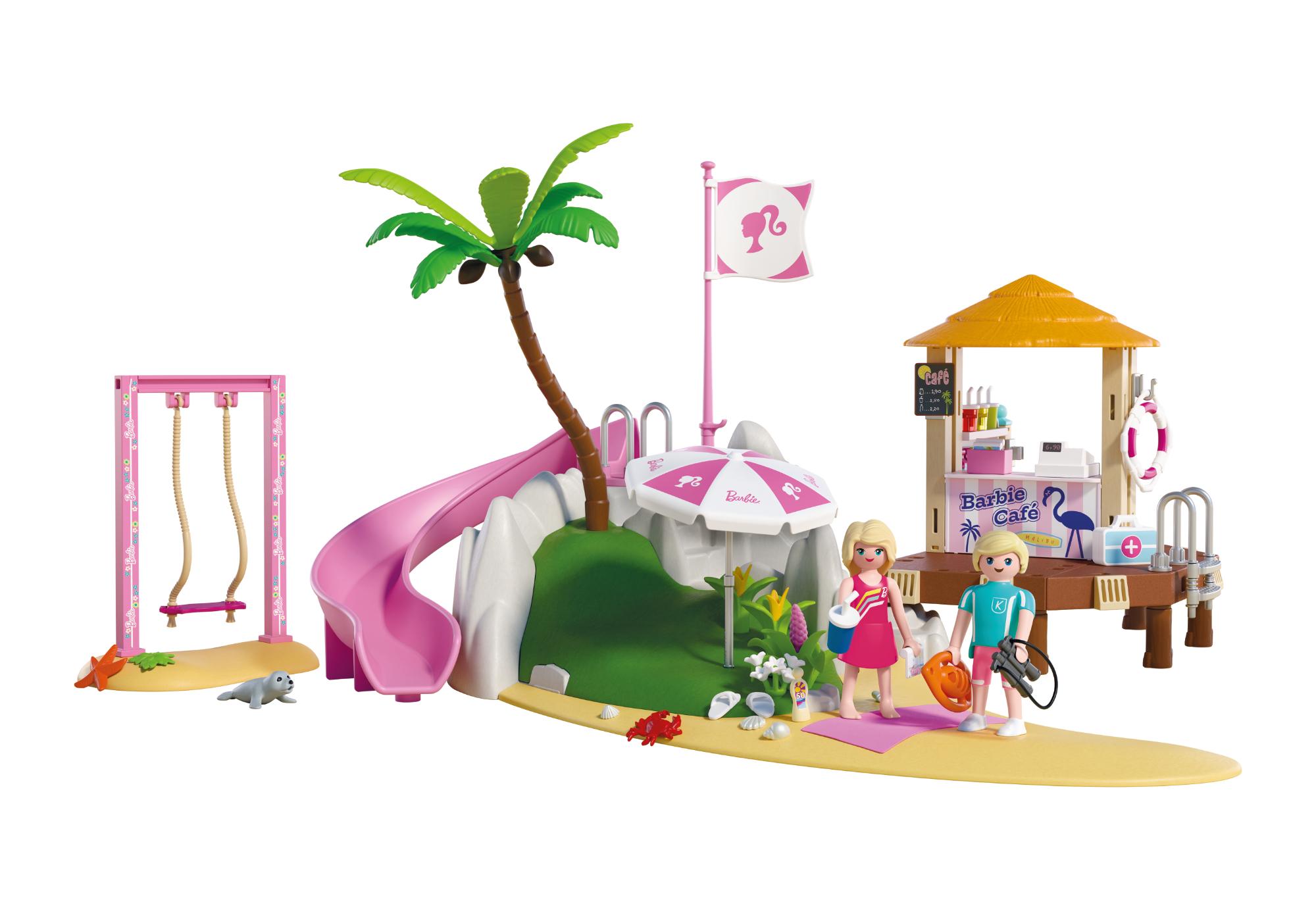 Coffret PLAYMOBIL Barbie Café de plage Malibu 72121 avec Barbie, Ken, toboggan, balançoire et café