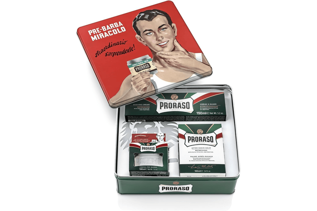 Coffret Proraso Vintage Gino kit rasage 3 produits crème avant rasage crème raser baume après rasage huile eucalyptus menthol boîte verte rétro bon plan Amazon
