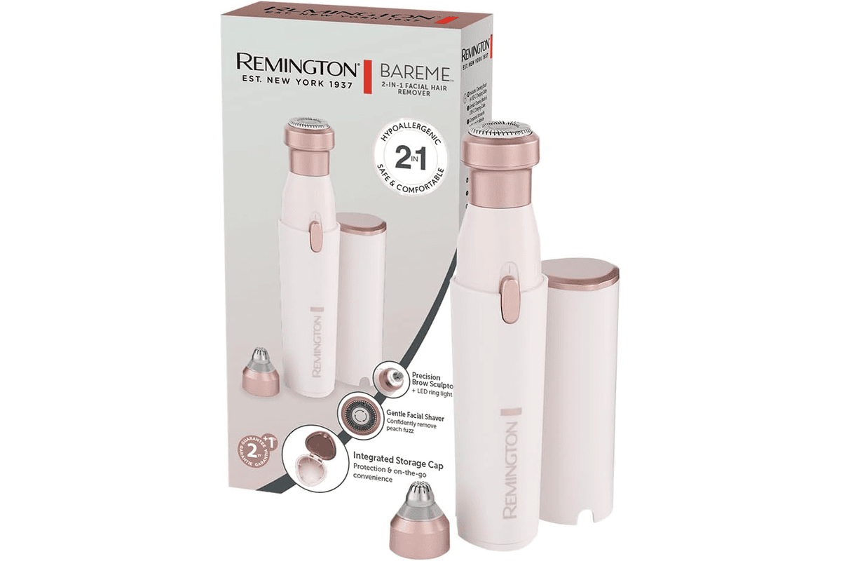 Remington Épilateur pour visage femme BareMe 2-en-1 rasoir électrique et tondeuse à sourcils étanche pour épilation lèvre supérieure menton joues