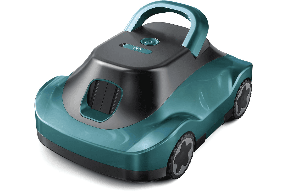 Robot aspirateur piscine sans fil noir et blanc avec brosses rotatives et écran de contrôle, design pour piscines hors sol jusqu'à 200 m²