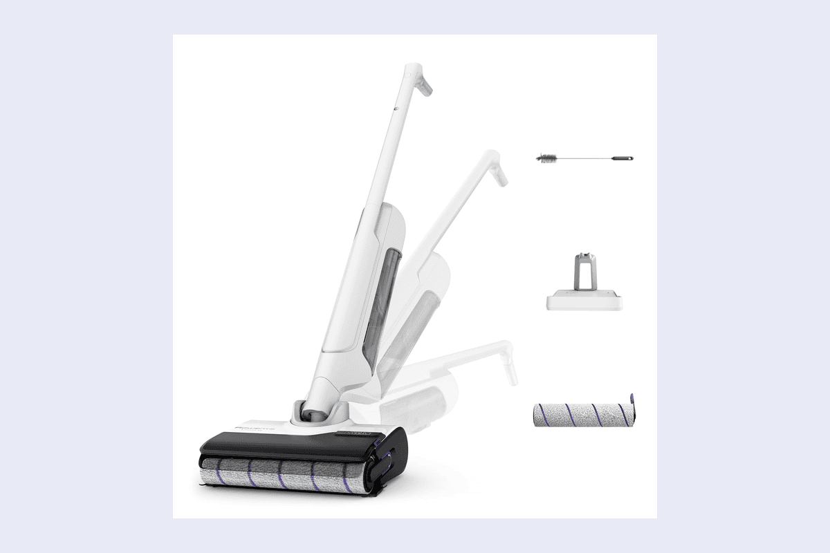 Rowenta X-Clean 10 aspirateur laveur sans fil design plat 180° auto-nettoyage séchage 65°C autonomie 60 min taches tenaces poils animaux GZ7540WO blanc 349,99 euros Amazon