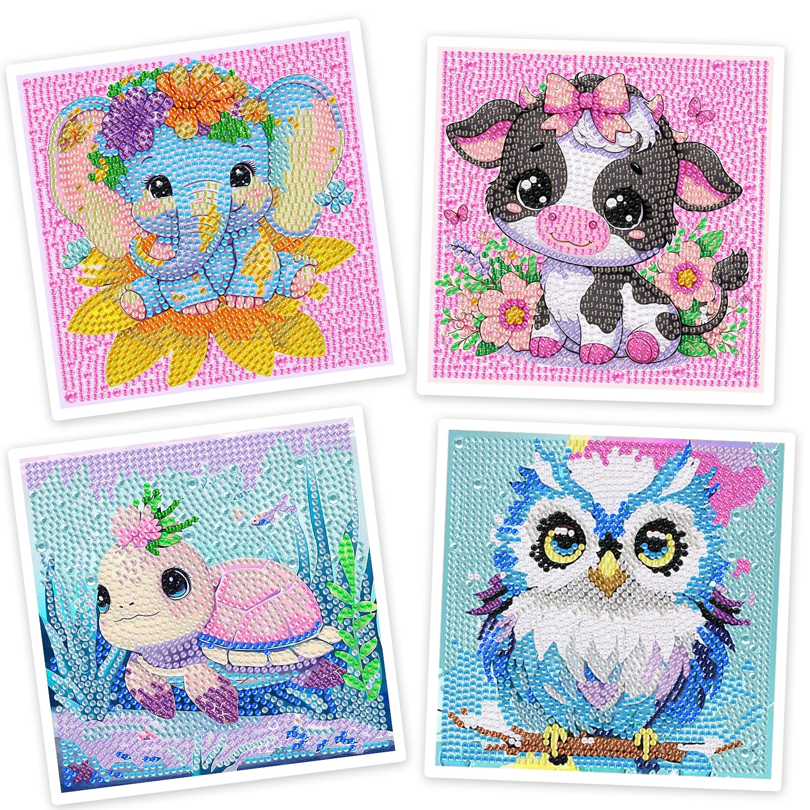 Lot SenaiMy de quatre kits de diamond painting animaux avec éléphant, vache, tortue et hibou