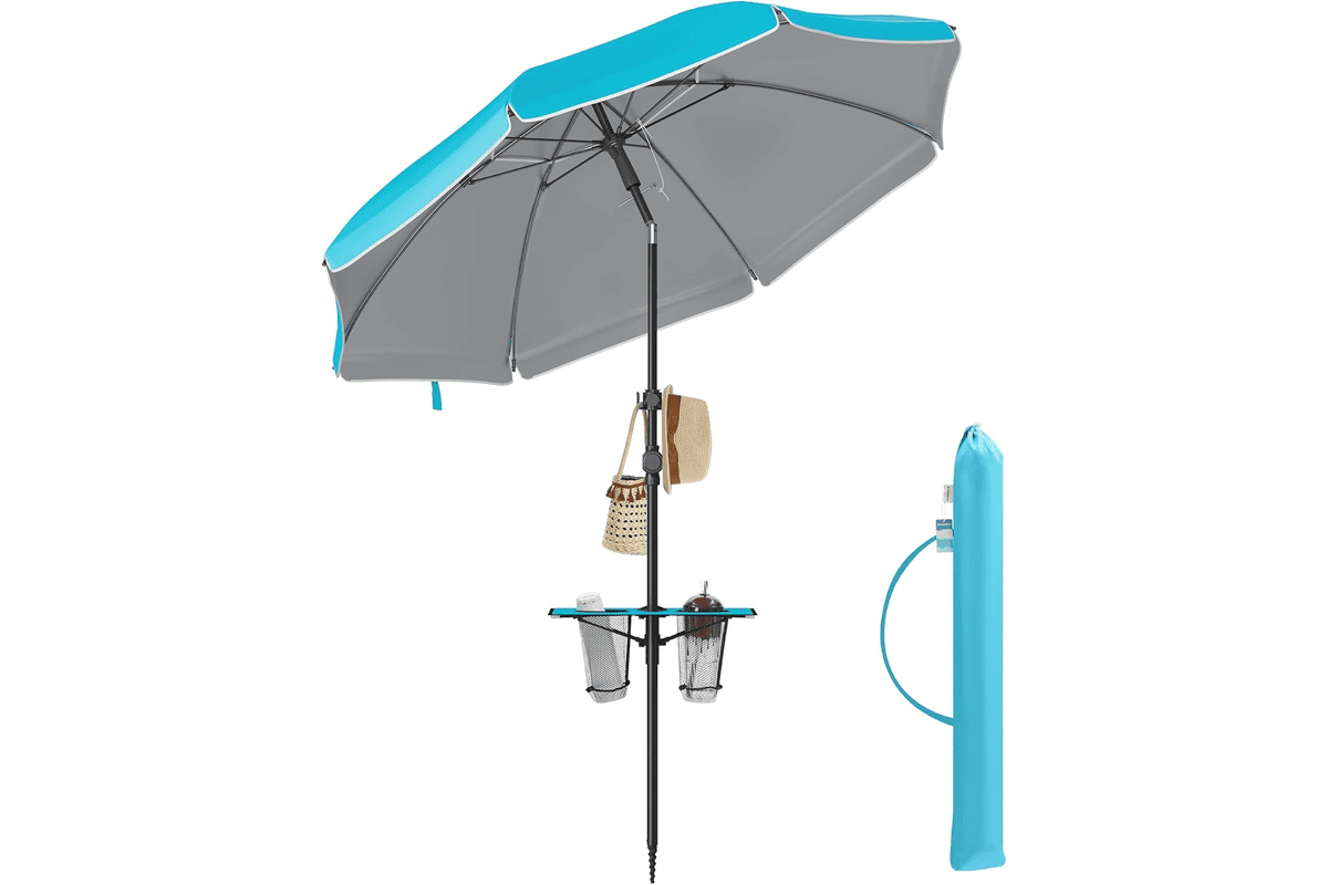 SONGMICS parasol 160 cm bleu GPU0080Q01 UPF 50 inclinable 30° hauteur réglable tablette intégrée crochets plage jardin bon plan Amazon