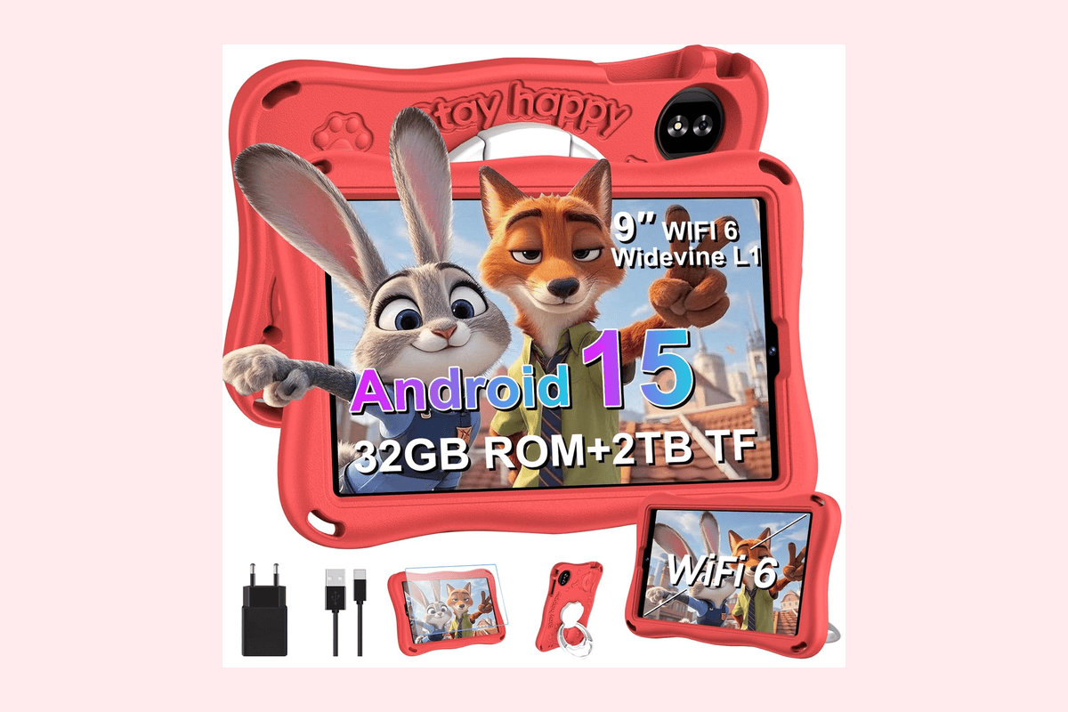 SUAAT tablette 9 pouces Android enfant 12 Go RAM 32 Go stockage extensible 1 To octa-core Widevine L1 1340x800 Bluetooth 5.0 étui Eva rouge 79,99 euros Amazon