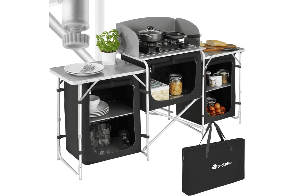 Meuble de rangement cuisine de camping tectake pliable en aluminium avec étagères, format compact