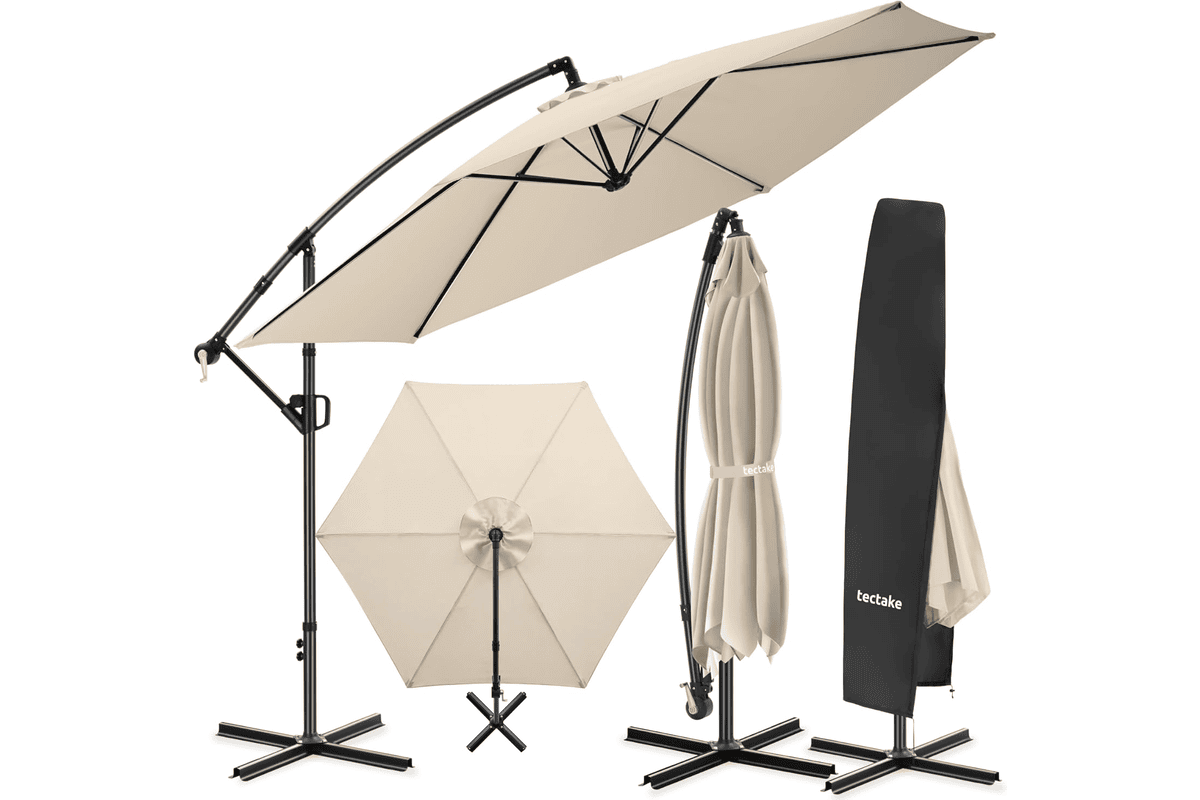Bon plan Amazon tectake Parasol déporté 3,5 x 3,5 m pivotant 360 inclinable 90 135 protection UV 50 plus double-toit housse 75,90 euros au lieu de 84,90 euros mai 2026