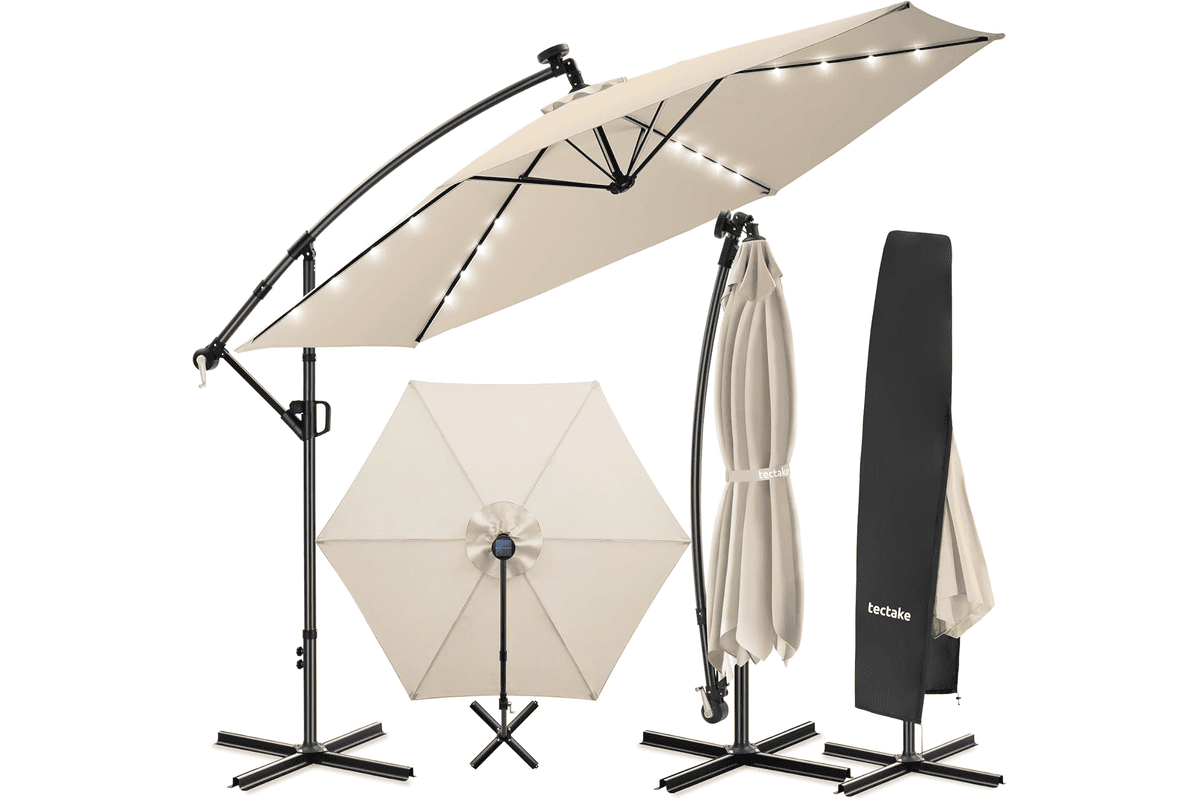 Bon plan Amazon tectake Parasol déporté 3,5 x 3,5 m LED solaire panneau solaire éclairage intégré pivotant 360 inclinable UV 50 double-toit 92,90 euros au lieu de 99,90 euros mai 2026