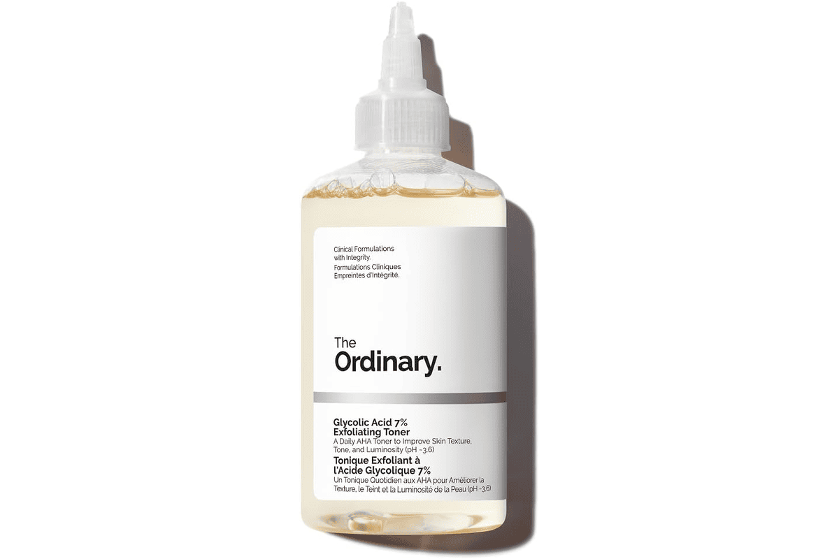 Flacon The Ordinary Tonique Exfoliant à l'Acide Glycolique 7% 240 ml, format pipette et étiquette clinique blanche