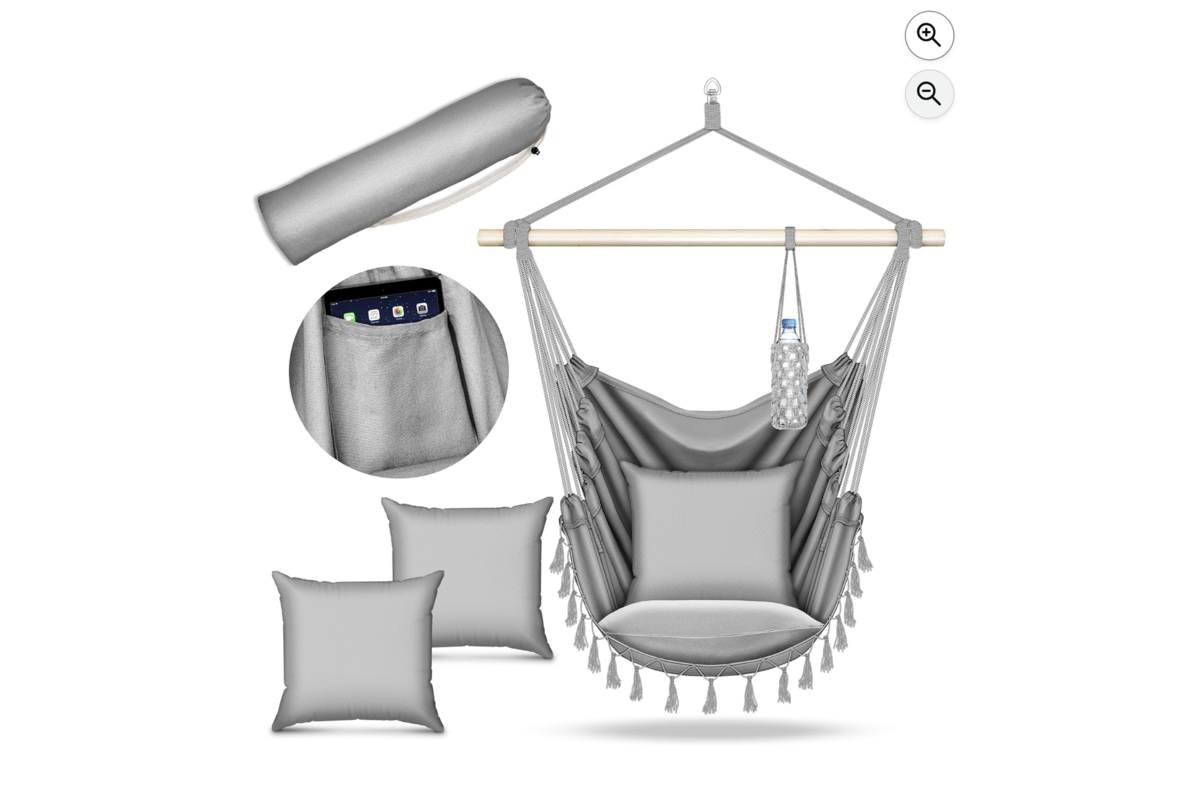 tillvex hamac chaise suspendu gris 2 coussins porte-boisson franges intérieur extérieur balcon jardin terrasse Amazon French Week 33,05€
