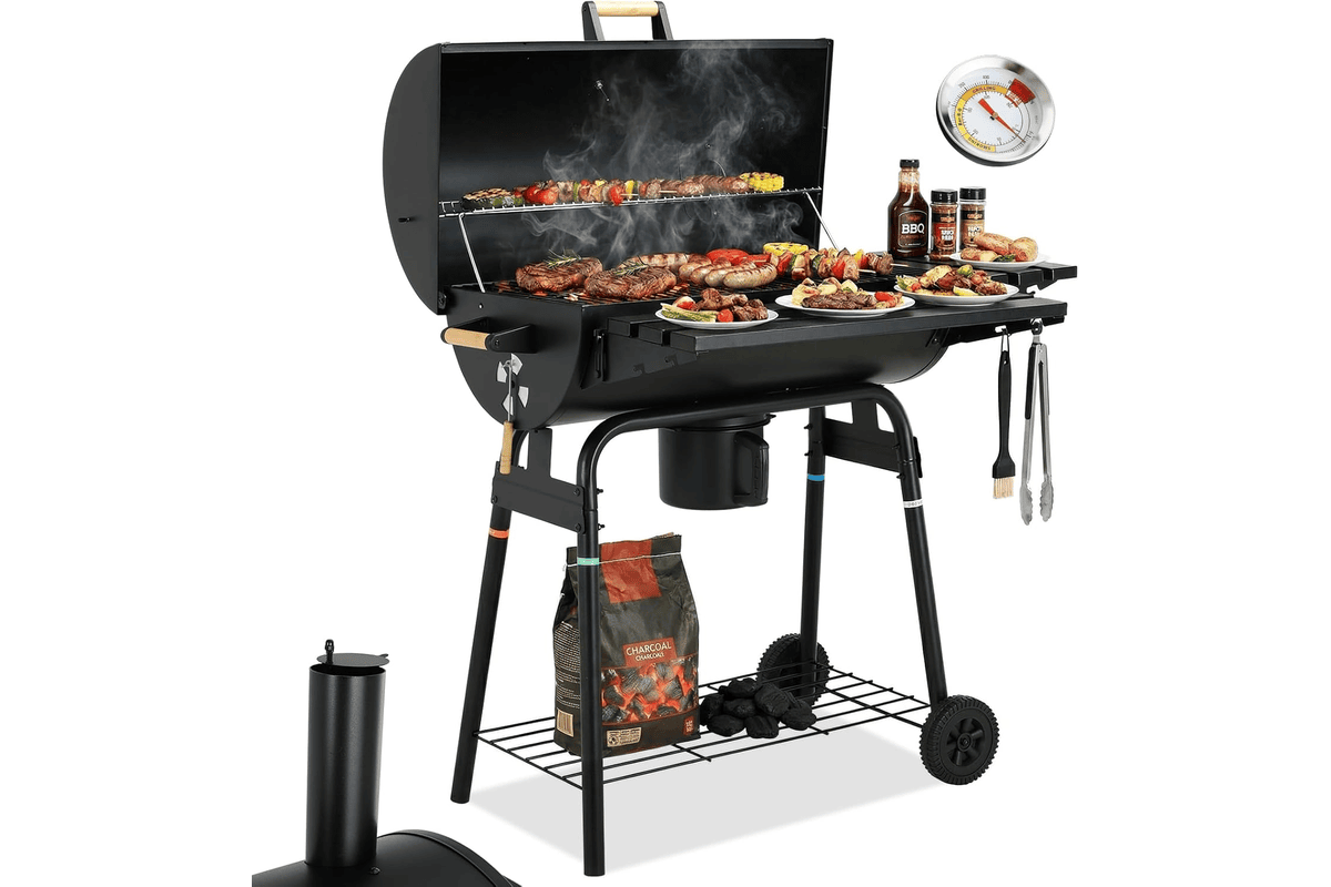 TLSUNNY Barbecue Charbon de Bois chariot grill couvercle cheminée thermomètre bac cendres amovible tablettes pliables 2 roues BBQ fumoir jardin terrasse camping 6 à 8 personnes 132,99 € Amazon