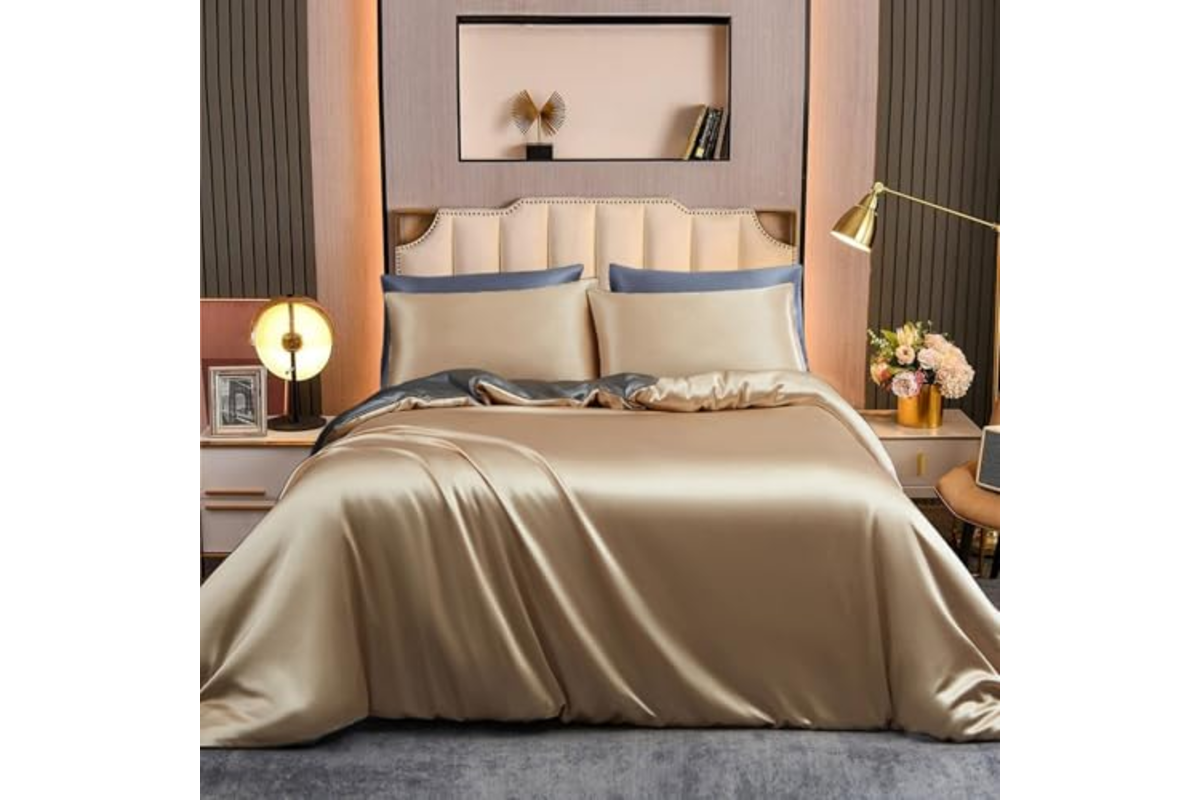 Tospass parure de lit satin 200x200 doree beige gris housse couette taies oreiller fermeture eclair