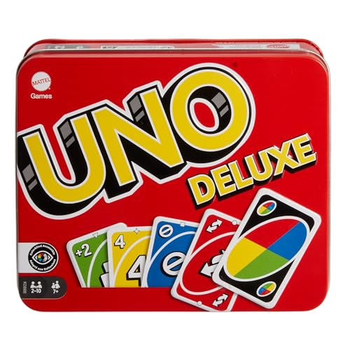 Jeu de cartes Mattel Games UNO Deluxe dans sa boîte métallique rouge