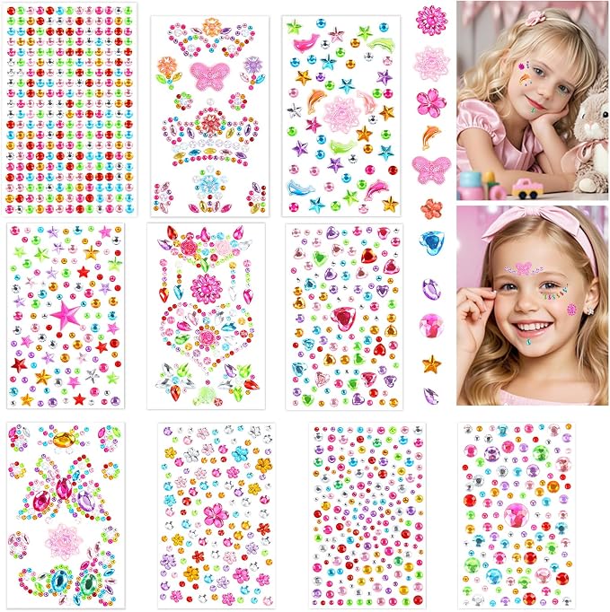 Lot Vicloon de dix feuilles contenant 2 300 strass autocollants colorés