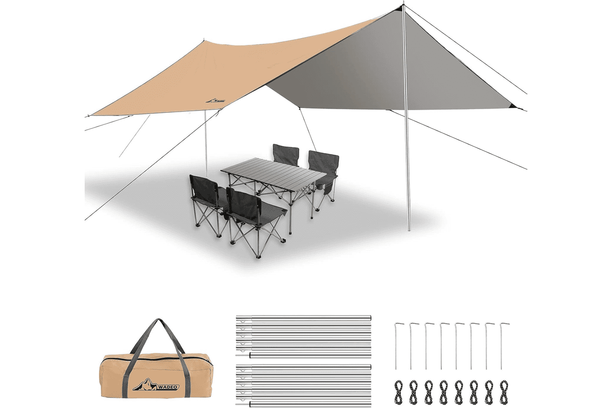 Bâche anti-pluie WADEO améliorée 3x4 mètres camping rain tarp imperméable anti-UV ripstop toile de tente extérieur équipement randonnée camping couleur beige naturel oeillets renforcés