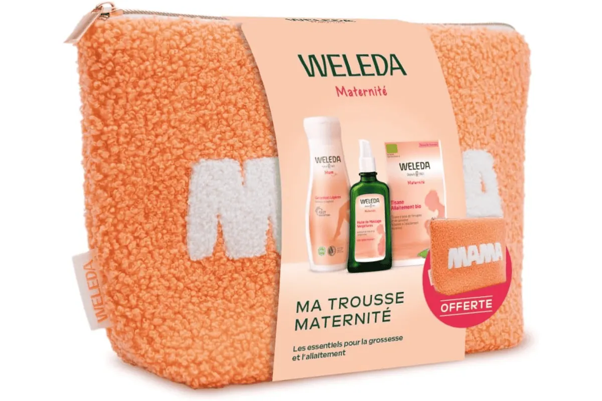 Weleda Trousse Maternité huile massage vergetures 100 ml gel jambes légères 200 ml tisane allaitement bio