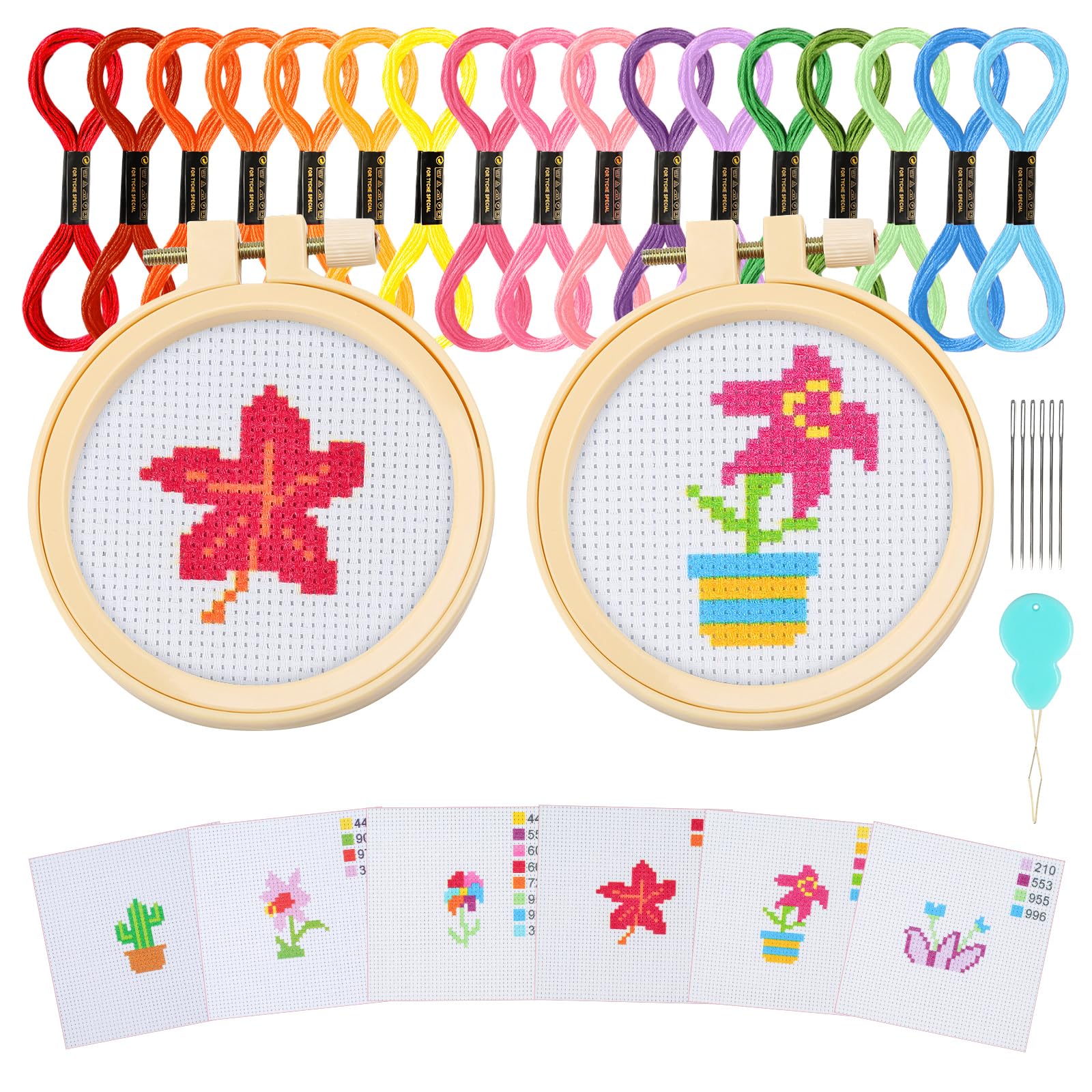 Kit de broderie Ysimple pour débutant avec six motifs végétaux, tambours, fils et aiguilles
