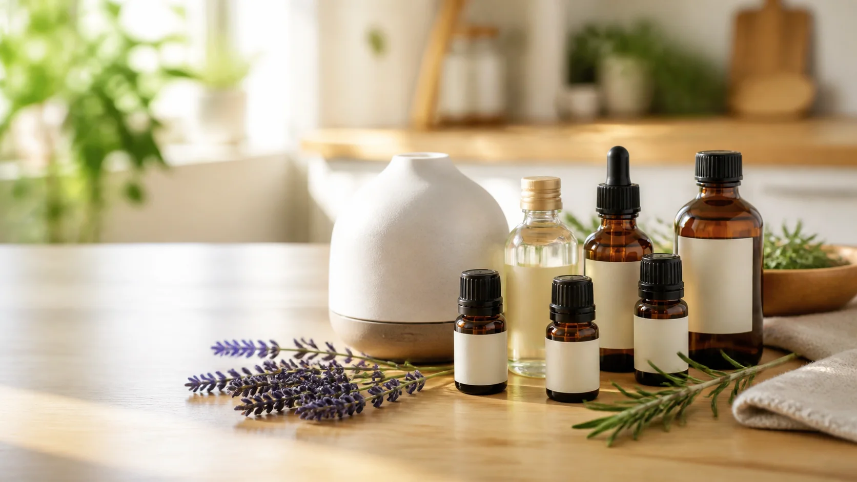 Flacons ambrés, diffuseur et plantes pour choisir des produits d'aromathérapie