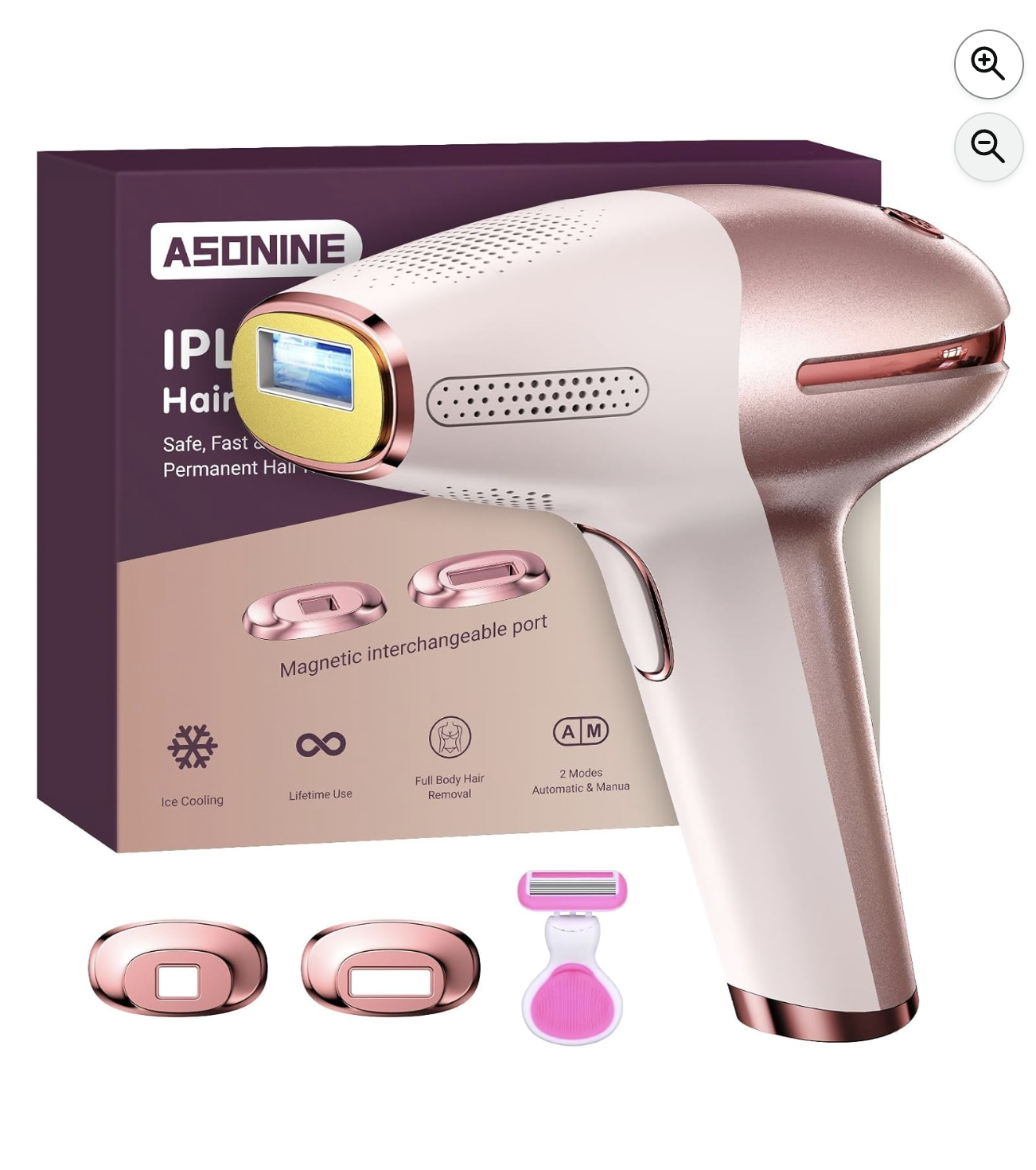Épilateur IPL Asonine Or Rose avec têtes magnétiques et rasoirs en promo Amazon