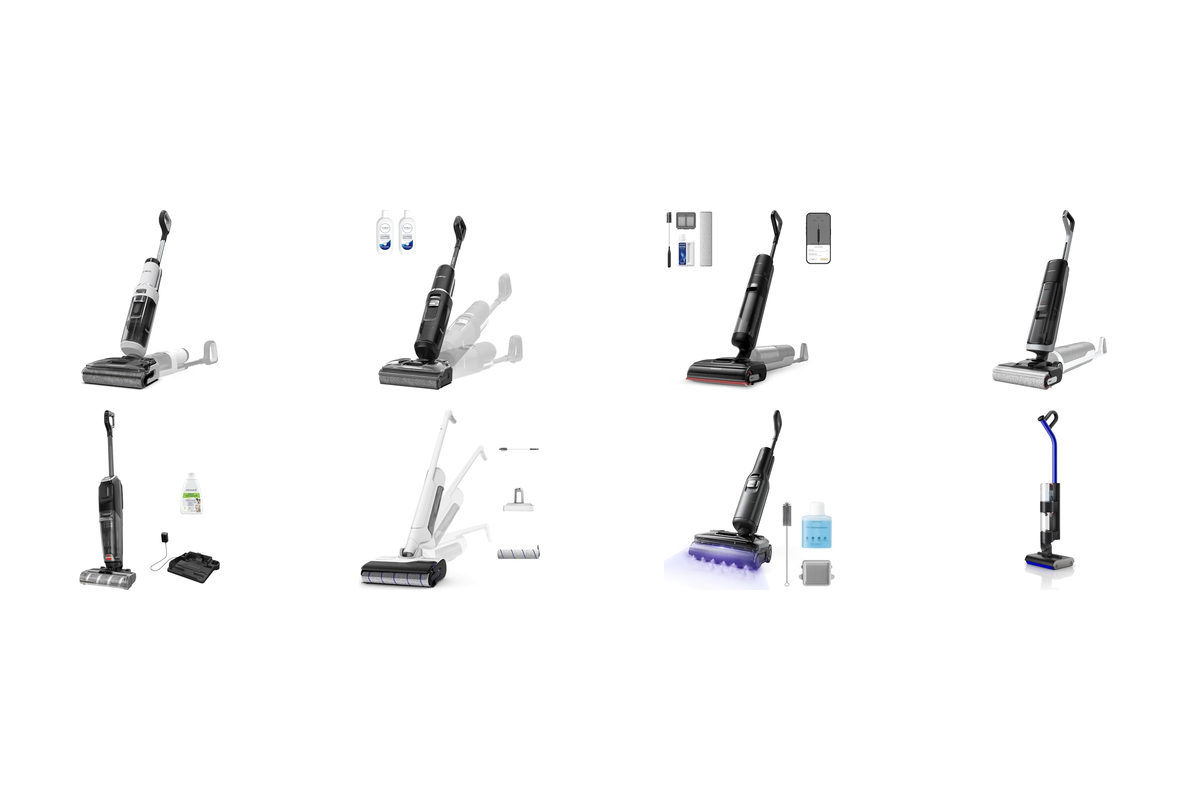Les huit aspirateurs laveurs sans fil du comparatif: Tineco S6 et S7 Stretch, Dreame H15 et H14 Pro, Bissell CrossWave, Rowenta X-Clean, Roborock F25 Ultra et Dyson Wash G1