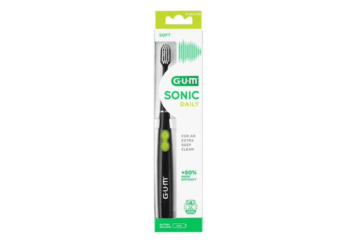 Brosse à dents électrique sonique Gum Sonic Daily 4100 coloris noir sur fond blanc