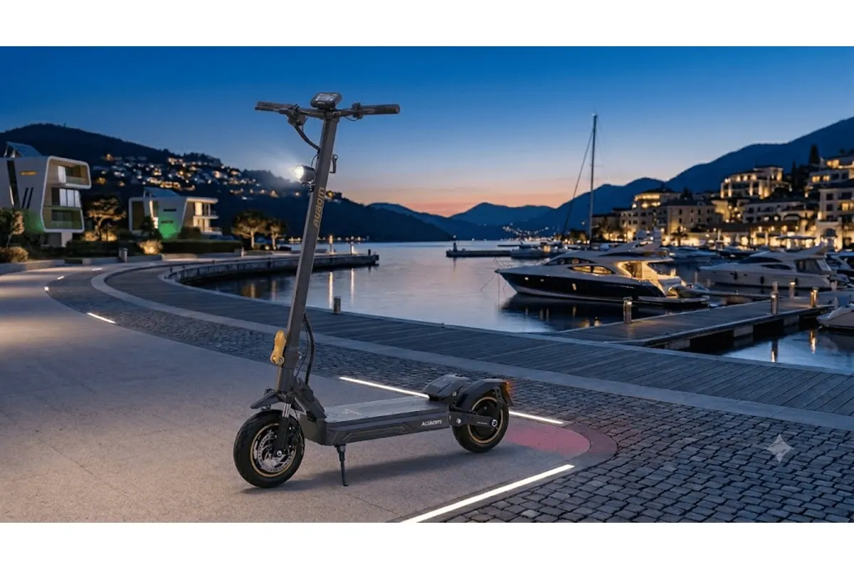 Ausom K20 trottinette électrique pliable noire 1100 W 25 km/h 70 km autonomie pneus 10 pouces tubeless suspension ShocFree port marina coucher de soleil bateaux quai pavé éclairage LED