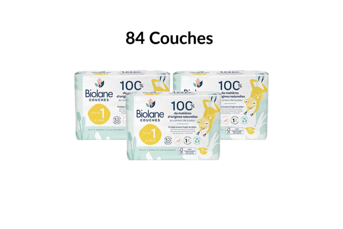 Bon plan Bebeboutik Biolane Couches Éco Single taille 1 2-5 kg 84 couches naturelles fabriquées en France 20,95€ au lieu de 26,10€ mai 2026