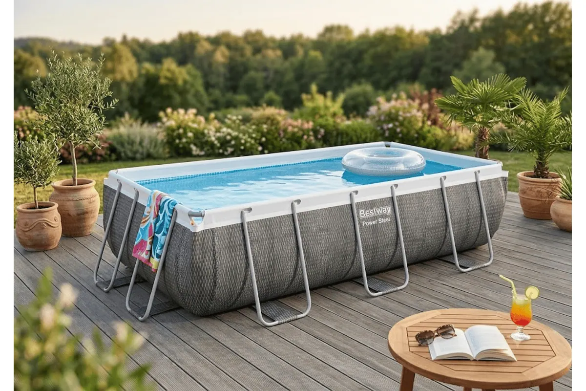 Bestway Power Steel piscine hors sol rectangulaire effet rotin 404 x 201 cm installée sur terrasse en bois avec palmiers, oliviers et ambiance jardin estival